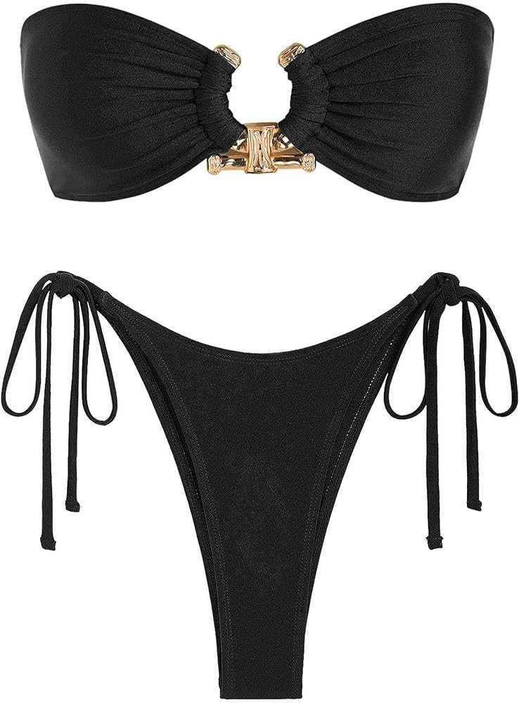 ZAFUL Women's Bandeau Bikini Shiny Metal Ring Decor Lace Up Tied Side High Cut Strapless Swimsuit | Amazon (US)