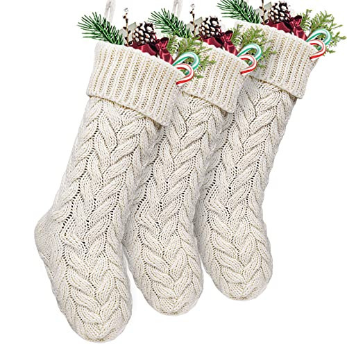 LimBridge Christmas Stockings, 3 Pack 18 Inches Large Size Cable Knit Knitted Xmas Rustic Personalized Stocking Decorations for Family Holiday Season Decor,Ivory, Khaki, Grey | Amazon (US)