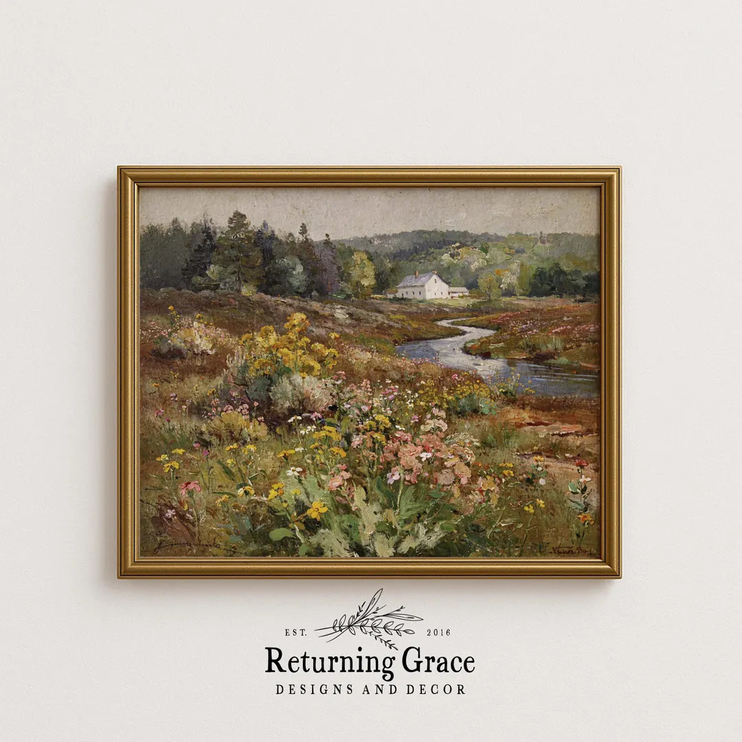 Cottage Landscape Print, Farmhouse Art, Spring Garden Art (digital Download), Farmhouse in the Fl... | Etsy (US)