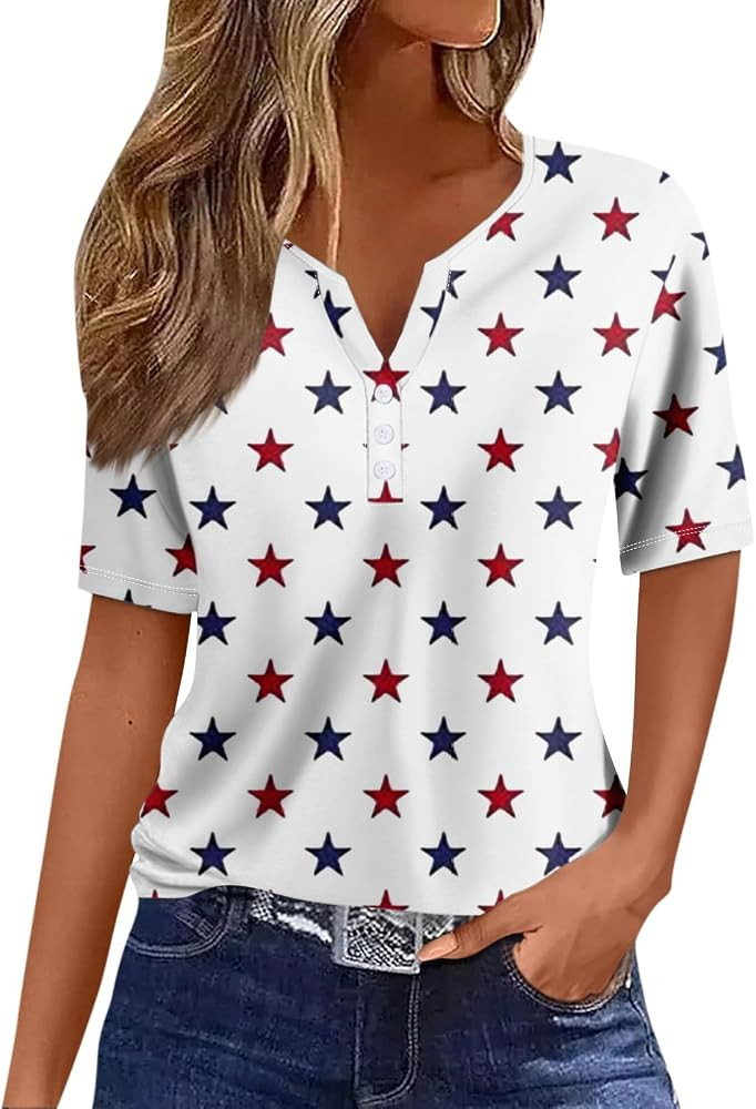 4Th of July Shirts Women, Button V Neck Short Sleeve Blouses Festival Casual Trendy USA Printed T... | Amazon (US)