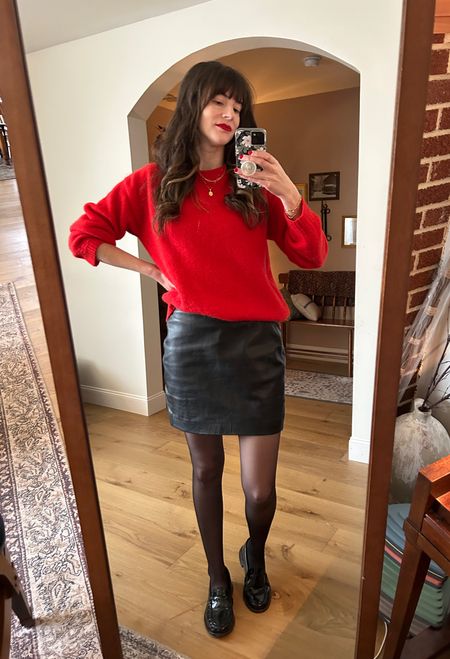 Taylor Swift Super Bowl Outfit - Sezane red sweater, sezane leather mini skirt, Freda Salvador loafers, layered gold jewelry, red lipstick. 

Super Bowl party outfit | Taylor Swift Chiefs Outfit | Game Day Outfit | 

#LTKSeasonal #LTKparties