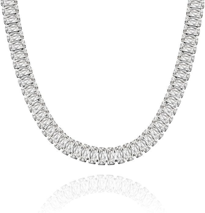 KissYan Diamond Tennis Necklace for Women, 14K/White Gold Plated Cubic Zirconia Baguette Tennis C... | Amazon (US)