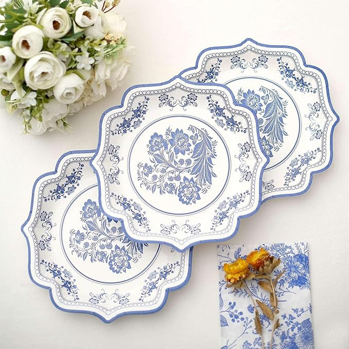 Efavormart 25 Pack | 8" White/Blue Chinoiserie Floral Print Paper Dessert Plates With Scalloped R... | Amazon (US)