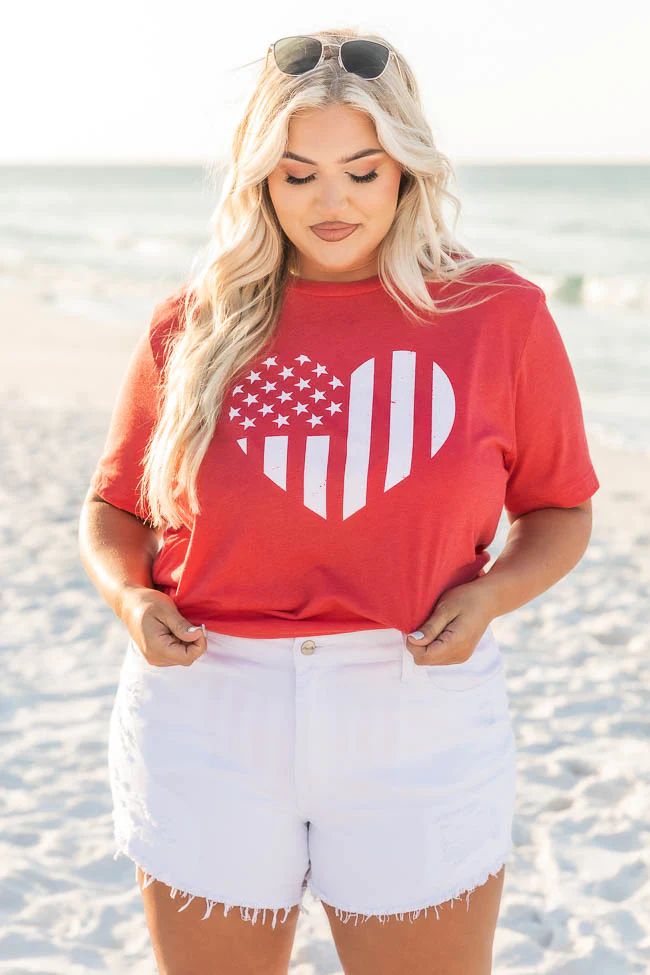 Distressed Vertical Flag Heart Red Graphic Tee | Pink Lily
