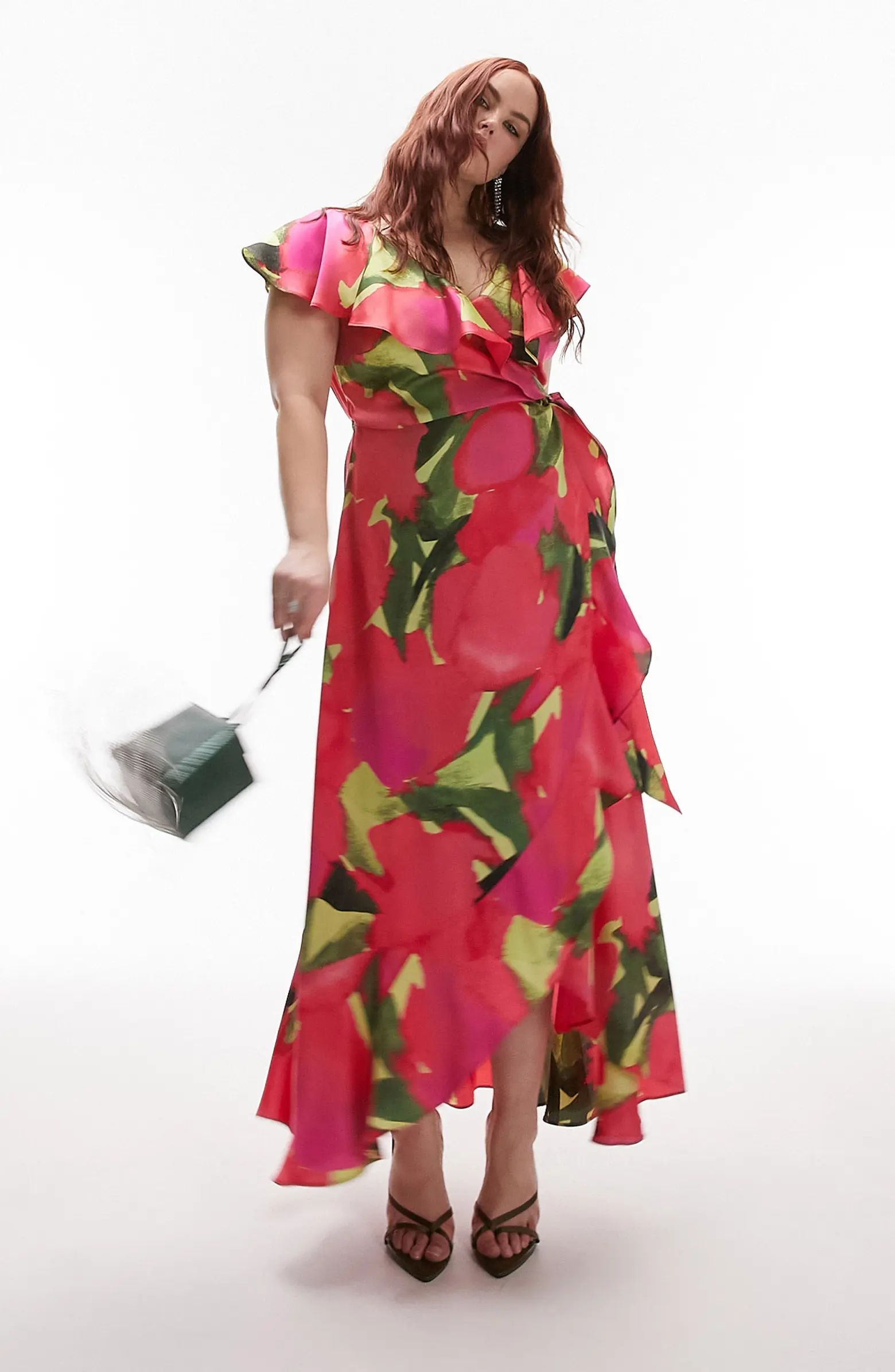 Curve Floral Ruffle Satin Wrap Dress | Nordstrom
