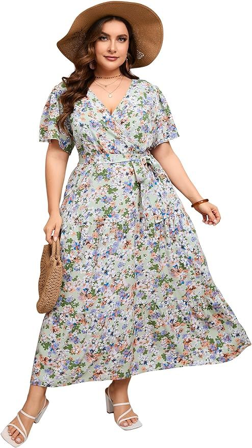 KOJOOIN Women Plus Size V Neck Wrap Maxi Dress High Waist Ruffle Short Sleeves Casual Summer Dres... | Amazon (US)