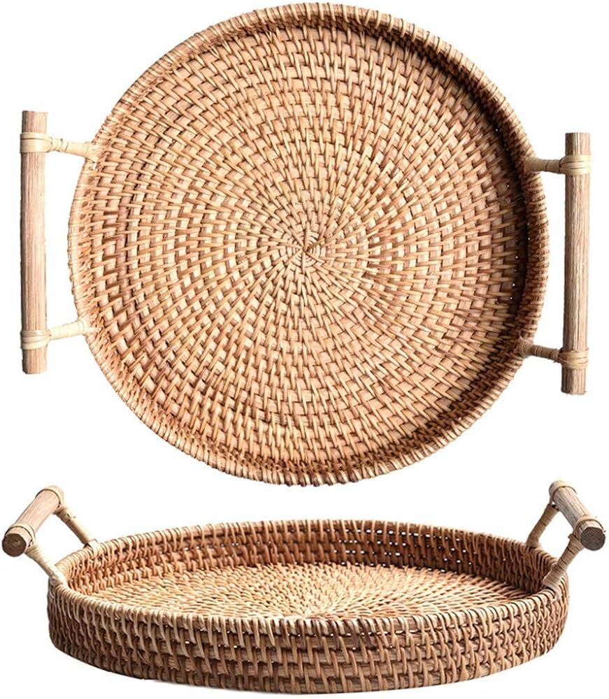 Woven Serving Tray, Rattan Round Tray, Wicker Serving Basket with Wooden Handles (12.6 inch / 32c... | Amazon (US)