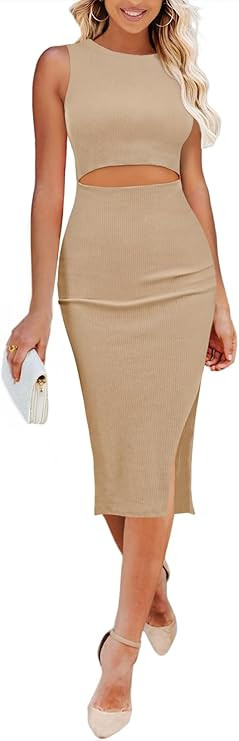 Pink Queen Women's Dresses Crew Neck Sleeveless Cutout Side Slit Bodycon Midi Party Dress | Amazon (US)