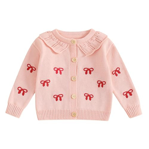 Toddler Baby Girl Sweater Bow Embroidery Warm Knitted Long Sleeves Pullover Infant Knitwear for Toddler (Pink-Bow Printed, 12-18 Months) | Amazon (US)