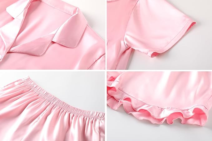Umeyda Girls & Women Satin Pajamas Set Button Down 2 Piece Silk Pjs Shorts Set Ruffle Sleepwear, ... | Amazon (US)