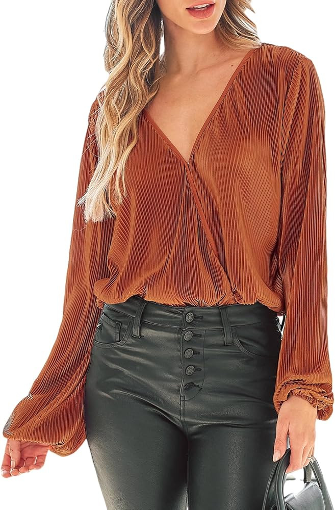 CUPSHE Women Bodysuits Rust Corduroy Wrap Long Sleeve V Neck Bodysuit Sexy Casual | Amazon (US)