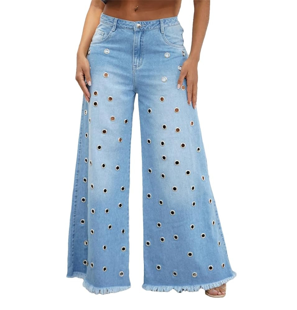 High-Waisted Round Hole Breathable Large-Size Jeans Street-Style Loose Wide-Leg Pants Suitable fo... | Amazon (US)