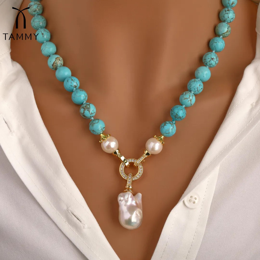 Freshwater Pearl Turquoise Necklace, Hand Adjustable Knotted Pearl Necklaces,chunky Pearls Copper... | Etsy (US)