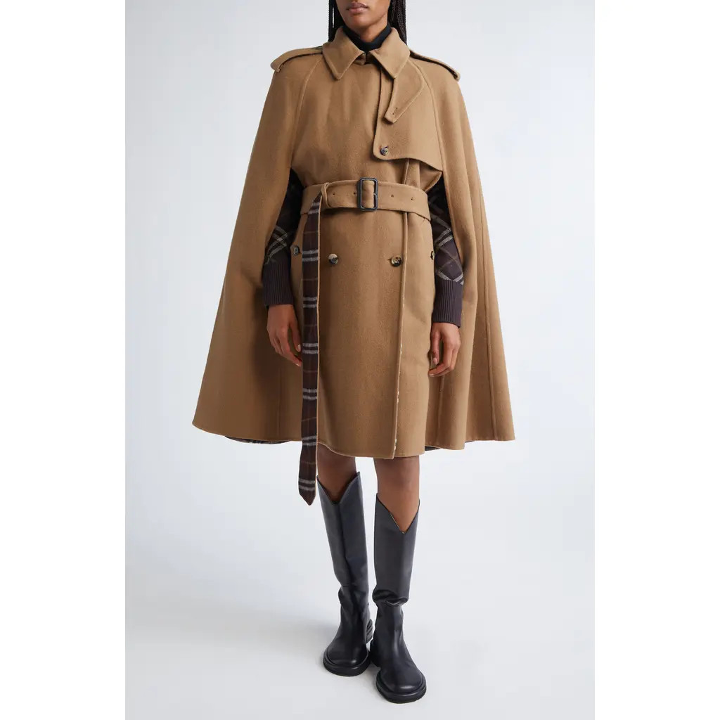 burberry Bellemont Cape Back Wool Coat in Camel/Treacle Brown Check at Nordstrom, Size Small | Nordstrom