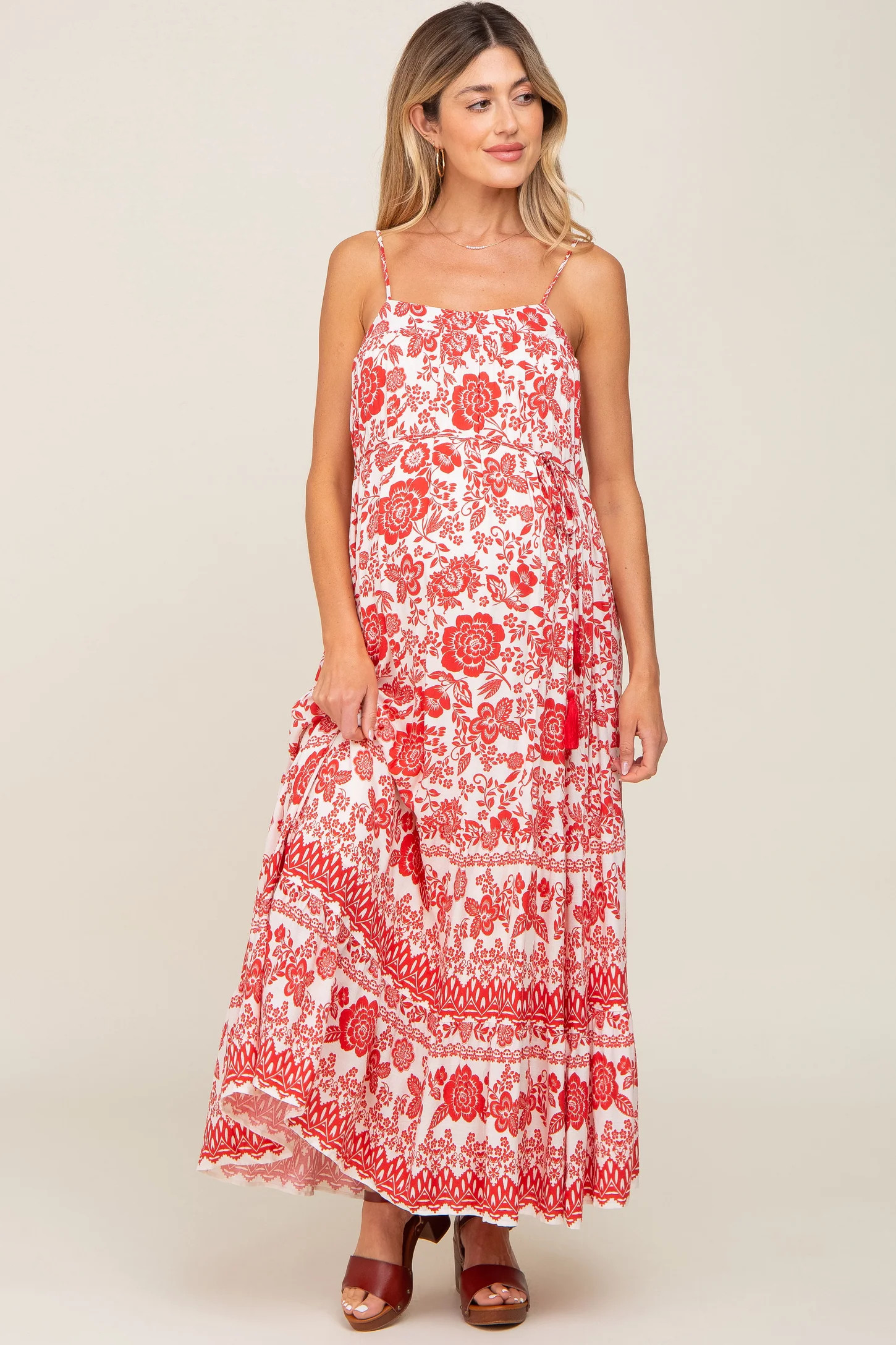 Red Floral Linen Tiered Maternity Maxi Dress | PinkBlush Maternity