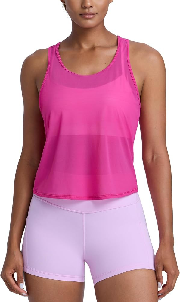 CRZ YOGA Mesh Workout Tank Tops for Women - Athletic Sheer Scoop Neck Cover Up Breathable Summer ... | Amazon (US)