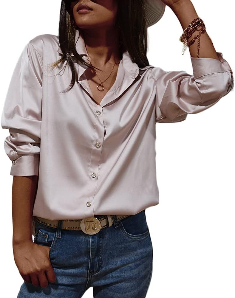 S7 Womens Satin Button Down V Neck Shirts Long Sleeve Office Casual Business Blouses Tops | Amazon (CA)