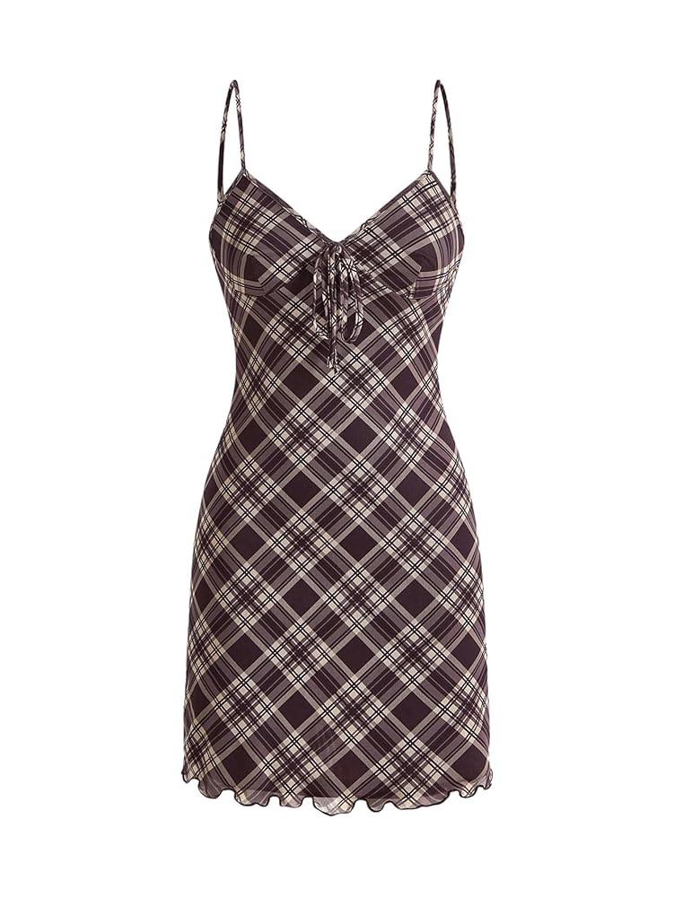 Verdusa Women's Plaid Print Bow Tie Mesh Mini Dress Spaghetti Strap Cami Dresses | Amazon (US)