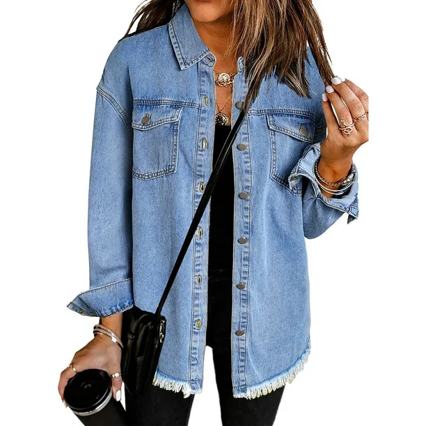 Vetinee Women's Jean Jackets Loose Fit Summer Fall Shirt Shacket with Pockets Wave Blue Size XL S... | Walmart (US)