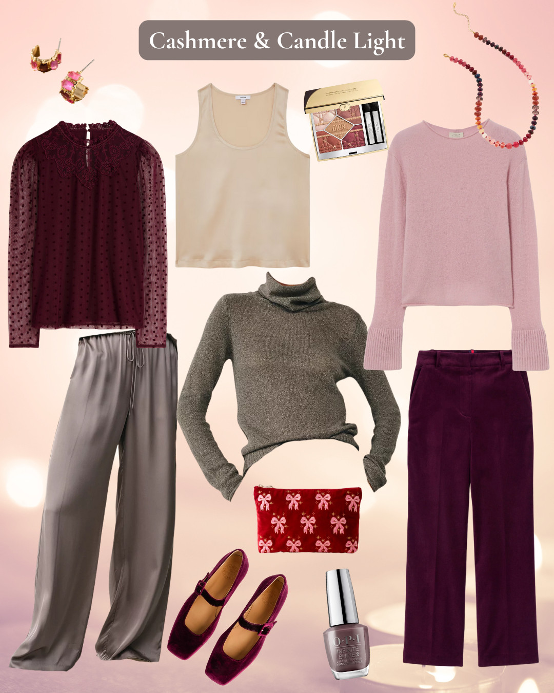 Early festive entertaining - what to wear for relaxed comfort and still look elegant. Satin trousers, sparkly cashmere knit, satin camisole, velvet trousers, lace top, in burgundy, pewter and soft pink. Add burgundy velvet shoes and clutch and toning makeup and nails. 

 #LTKuk #LTKfestive #LTKover50style