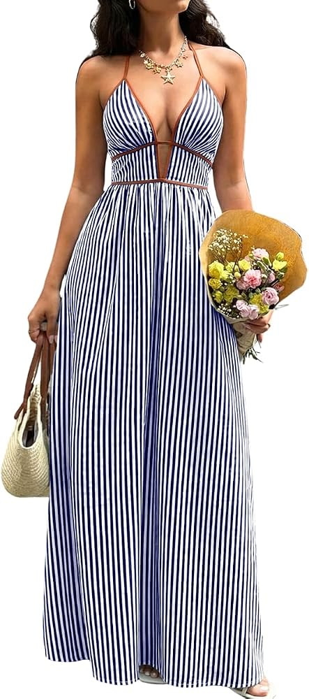 ShawGobow Striped Halter Vacation Dresses, Deep V Neck Flowy Maxi Dress, Womens Summer Beach Reso... | Amazon (US)