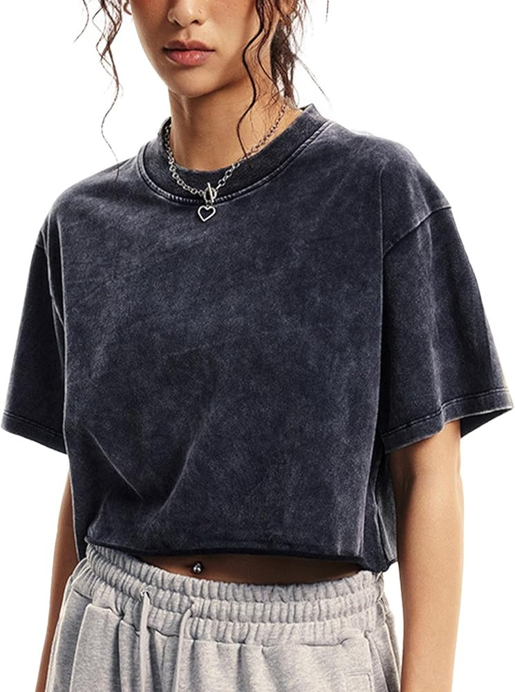 Womens Oversized Vintage T Shirts Casual Cropped Tees Short Sleeve Cotton Acid Wash Tops Summer G... | Amazon (US)