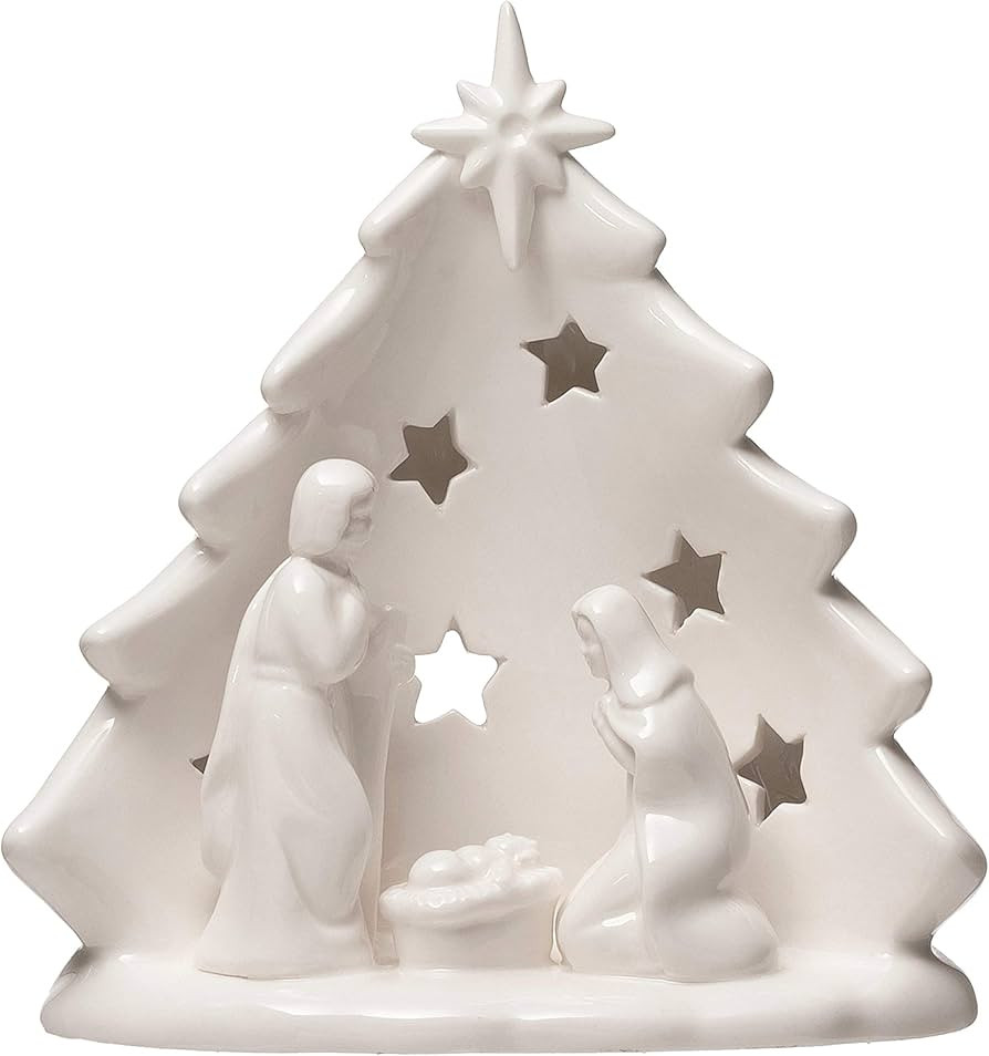 Creative Co-Op Stoneware Holy Family with Tree & Cut-Outs, White | Amazon (US)