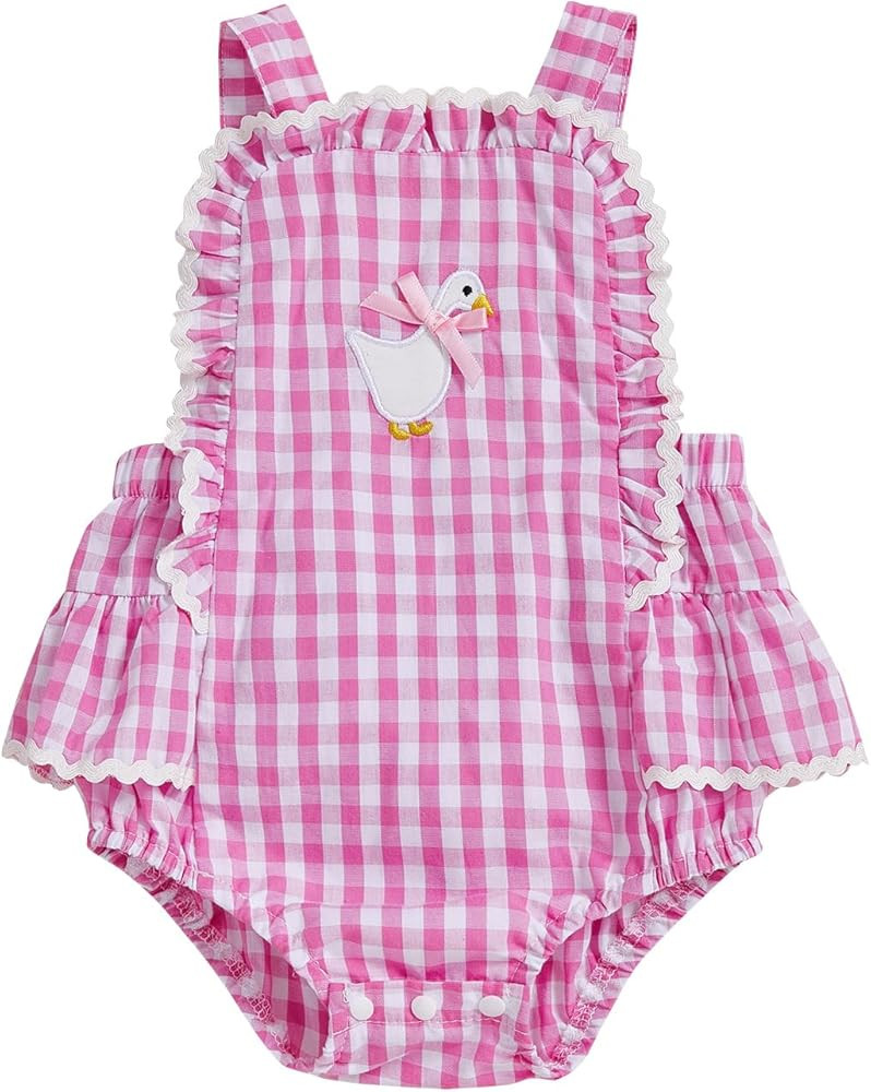 Baby Girl Goose Outfit Romper Farm Animal Gingham Overalls Ruffle Sleeveless Bodysuit Infant Summ... | Amazon (US)