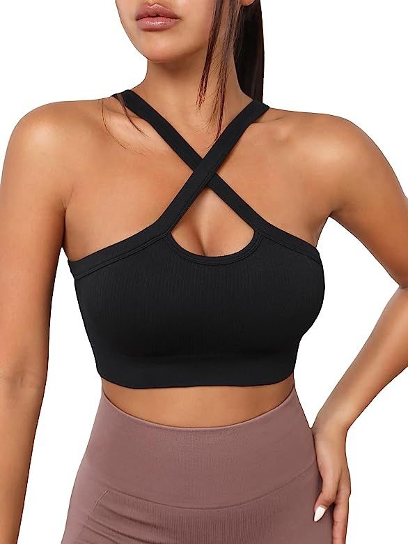 Cozyease Women's Criss Cross Ribbed Knit Sports Bra Seamless Crop Top Yoga Bras | Amazon (US)