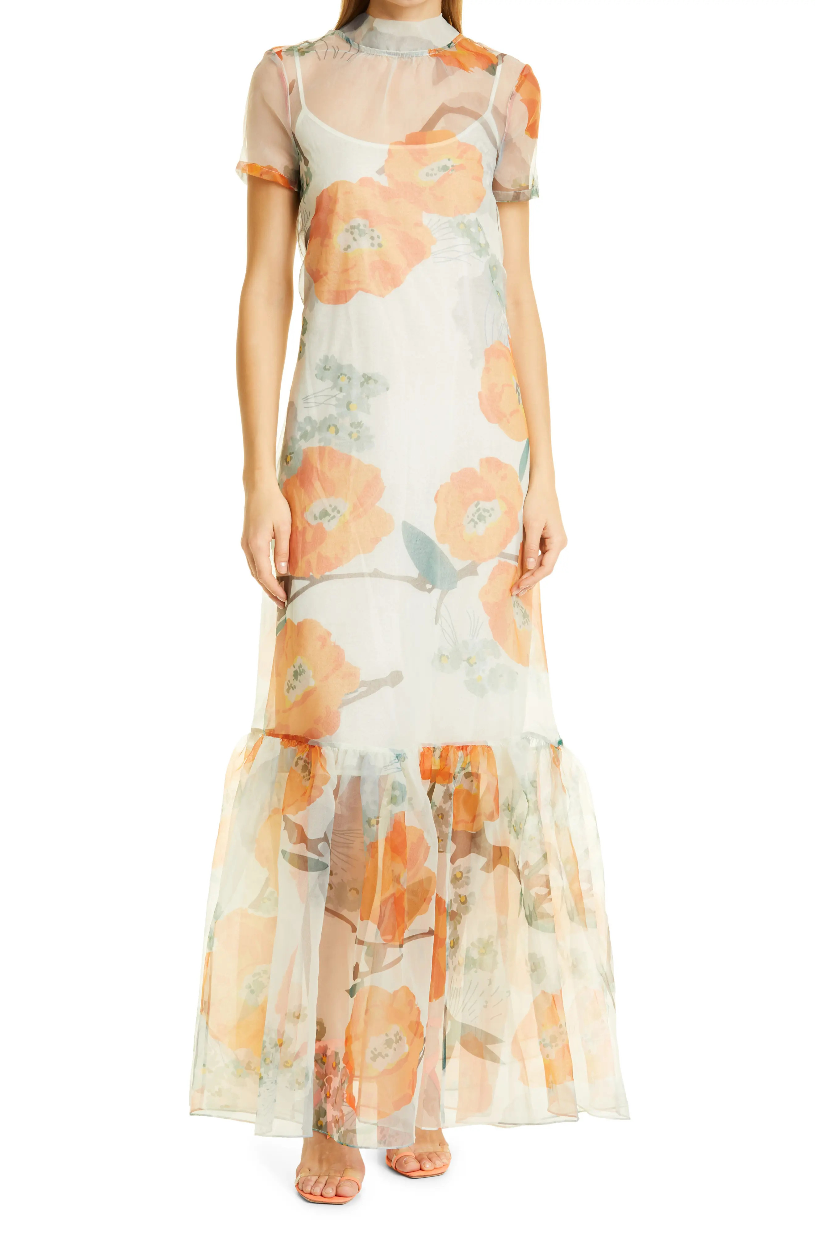STAUD Calluna Short Sleeve Dress in California Poppy Ivory at Nordstrom, Size Medium | Nordstrom