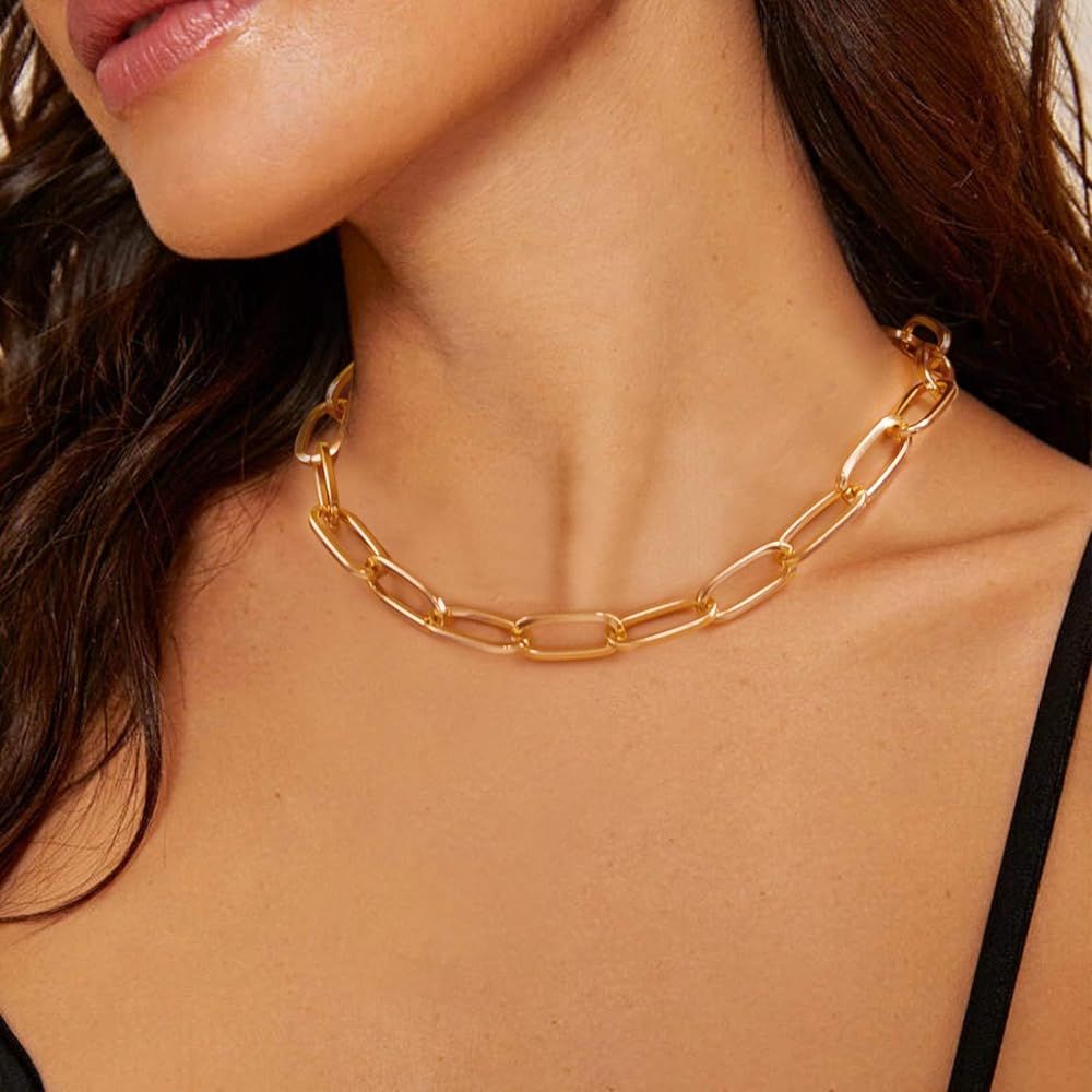 LANE WOODS Gold Chain Necklace and Bracelet for Women Ladies Dainty and Chunky Chain Link Paperclip  | Amazon (US)