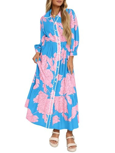 Wenrine Womens Maxi Shirt Dress Floral Long Sleeve Button Down Boho Dresses | Amazon (US)