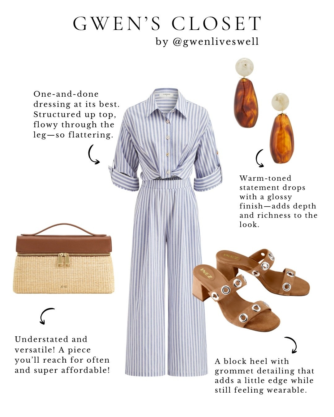 One-and-done dressing at its best 🤍 

This striped jumpsuit is so flattering—structured on top with a flowy leg that elongates everything. Styled with warm-toned accessories and statement heels.

Grommet heels are Inez (so good!!) + use my code to save 15% off (GWEN15)

Enjoy 12% off Commense sitewide with code GWENLIVESWELL_12

#inez #summerstyle #revolve

#LTKOver40 #LTKootd #LTKgrwm