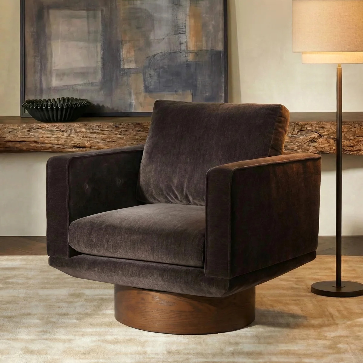 Nera Chenille Velvet Swivel Lounge Chair In Ganache Brown | Wayfair North America