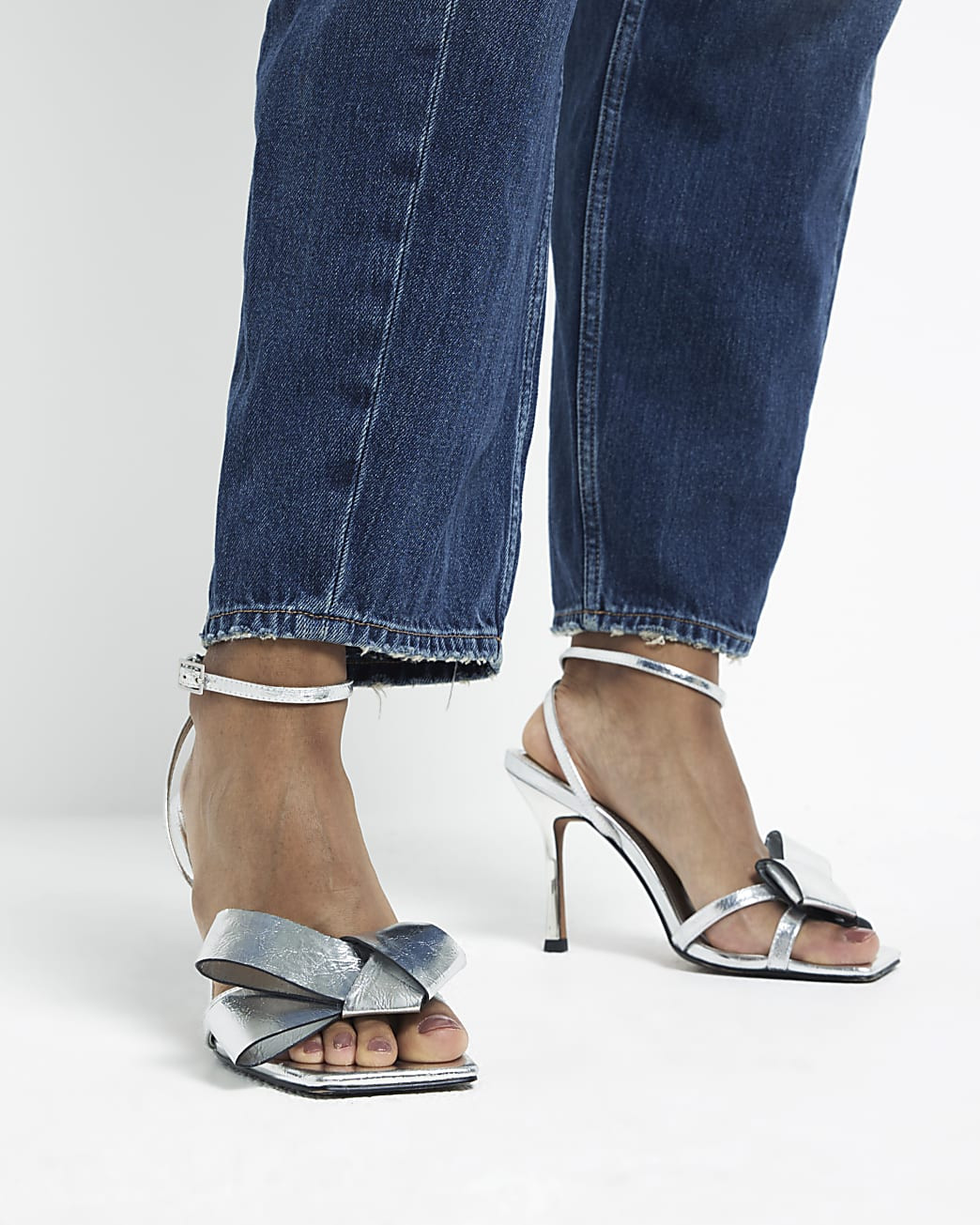 Silver Origami Bow Heeled Sandals | River Island UK & IE