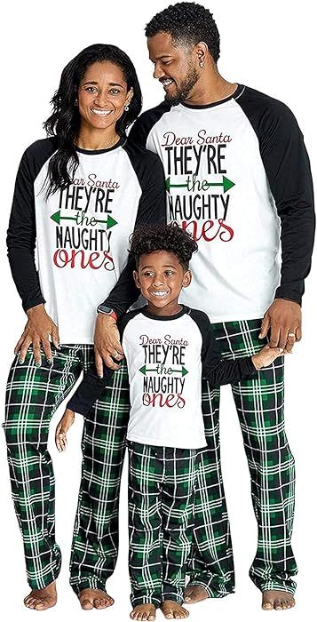 IFFEI Matching Family Pajamas Sets Christmas PJ's Letter Print Top and Plaid Pants Jammies Sleepw... | Amazon (US)
