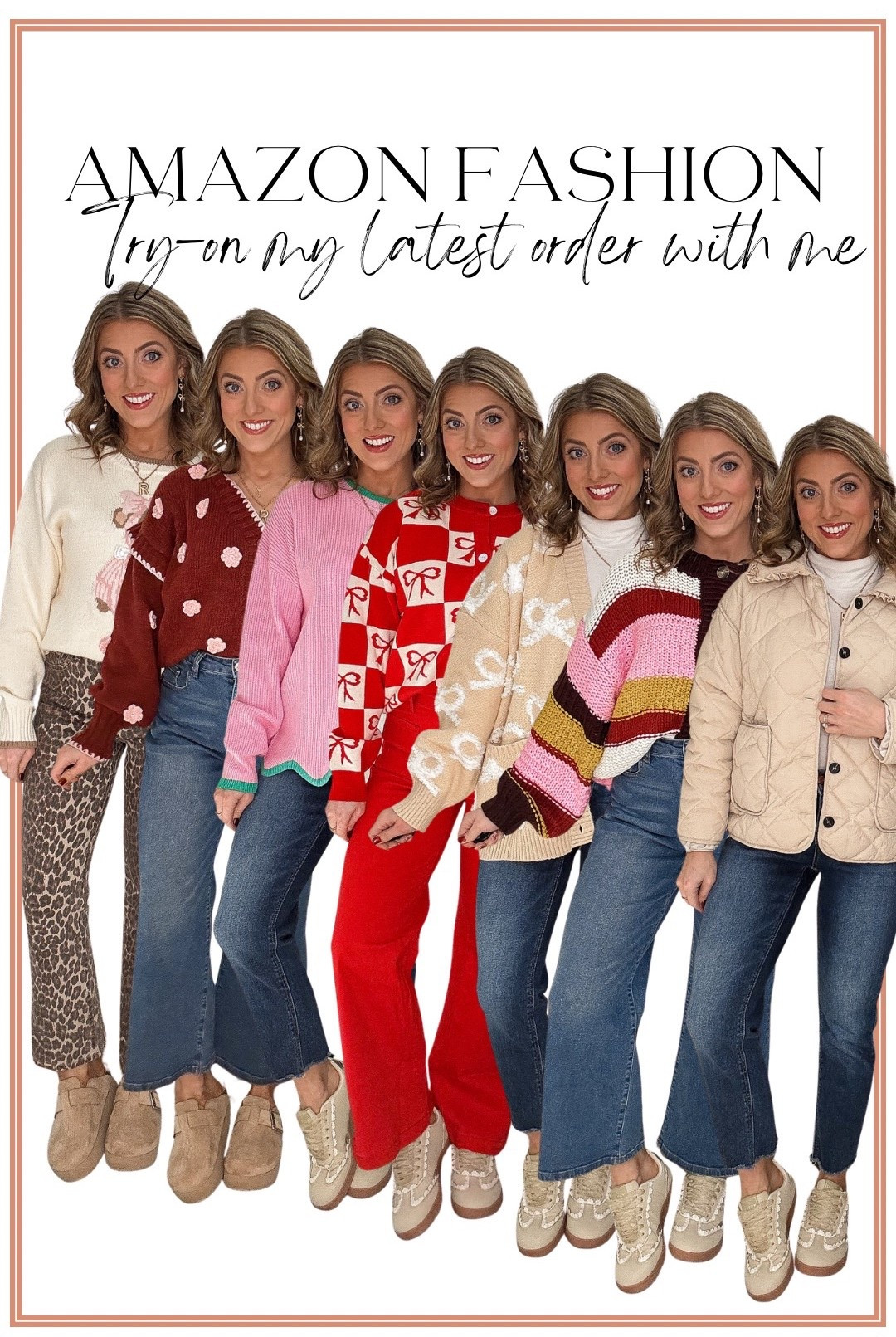 ✨AMAZON FASHION HAUL✨
Try-on my latest Amazon order with me — so many cute, cozy, affordable finds for winter! From bold statement sweaters to classic quilted layers, this haul is packed with pieces you can wear now through the holidays and beyond. ❤️🎀

I’m sharing seven Amazon outfits in this carousel and on LTK — think bow-detail sweaters, color-block knits, heart accents, soft cardigans, everyday denim, and the comfiest sneakers. Every piece is budget-friendly and seriously so good in person.

If you love Amazon sweaters, trendy winter fashion, cozy knits, and cute everyday outfits, this haul is for you! 🤍
Shop everything in my LTK for easy links.

Which look is your favorite — bows, stripes, hearts, or the quilted jacket?👇✨

#amazonfashion #amazonfinds #amazonsweater #amazonhaul #amazonwinterfashion #winteroutfits #affordablefashion #amazonstyle #ltkfashion #ltkfinds #ltkstyle #tryonhaul #cozystyle #everydayoutfits #budgetfriendlyfashion #amazoninfluencer #fashionhaul #amazonoutfitinspo