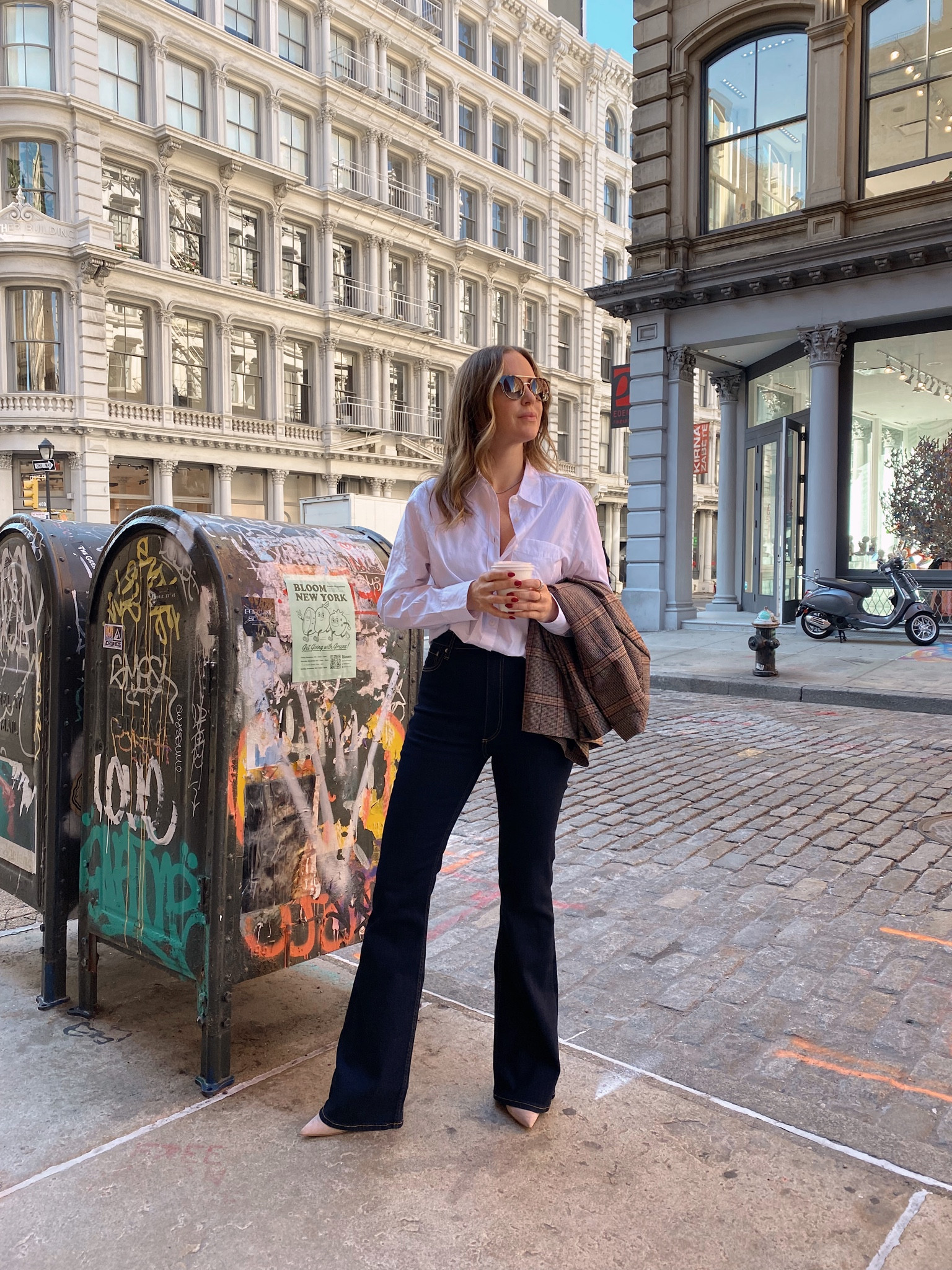 I sized up in the blazer. Denim runs TTS and is so flattering! Button down is in a medium.