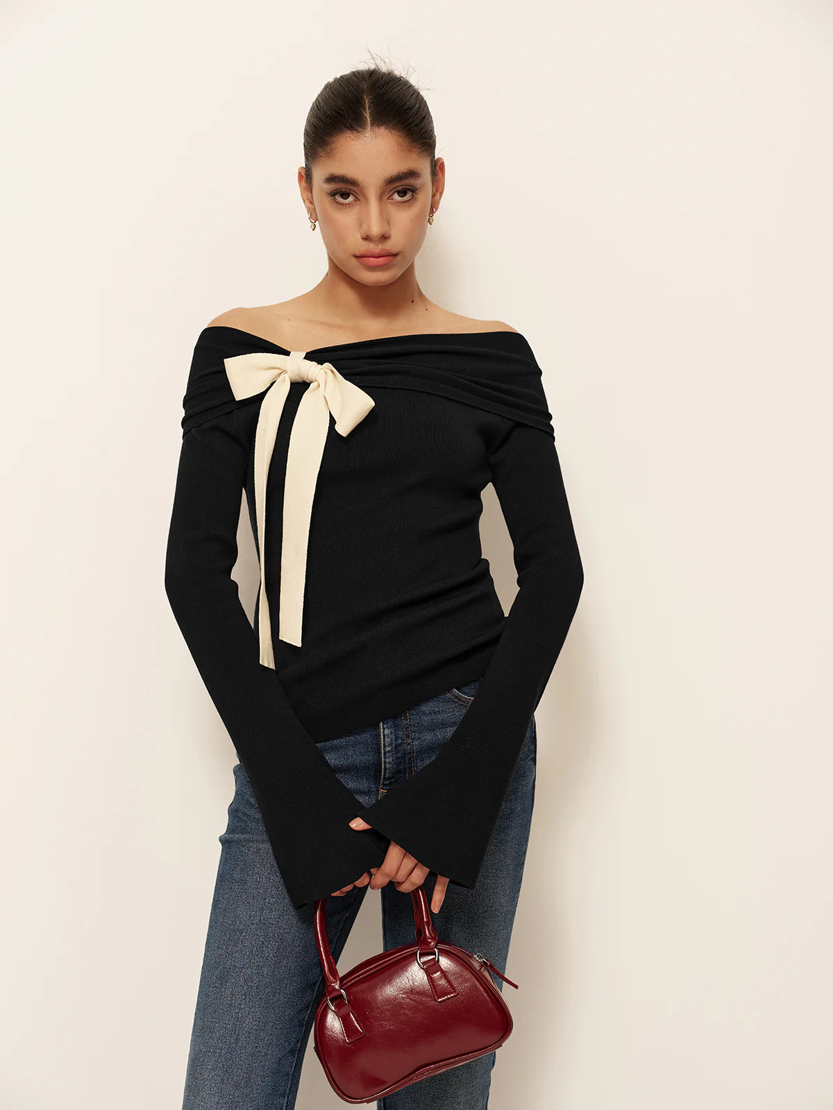 Wool-Blend Bow-Decor Bell Sleeve Knit Top | Commense