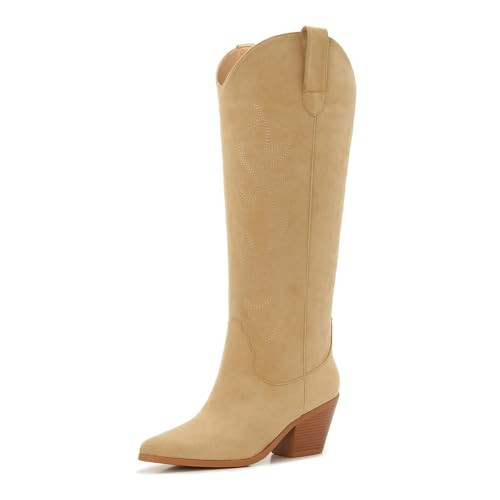Aizhenzm Beige Wide Calf Cowgirl Boots Women Knee High Boots Pointed Toe and Block Heel Cowboy with Embroidered size 9 wide | Amazon (US)
