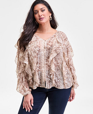 Plus Size Printed Long-Sleeve Ruffled Blouse, Macy's Exclusive | Macy's