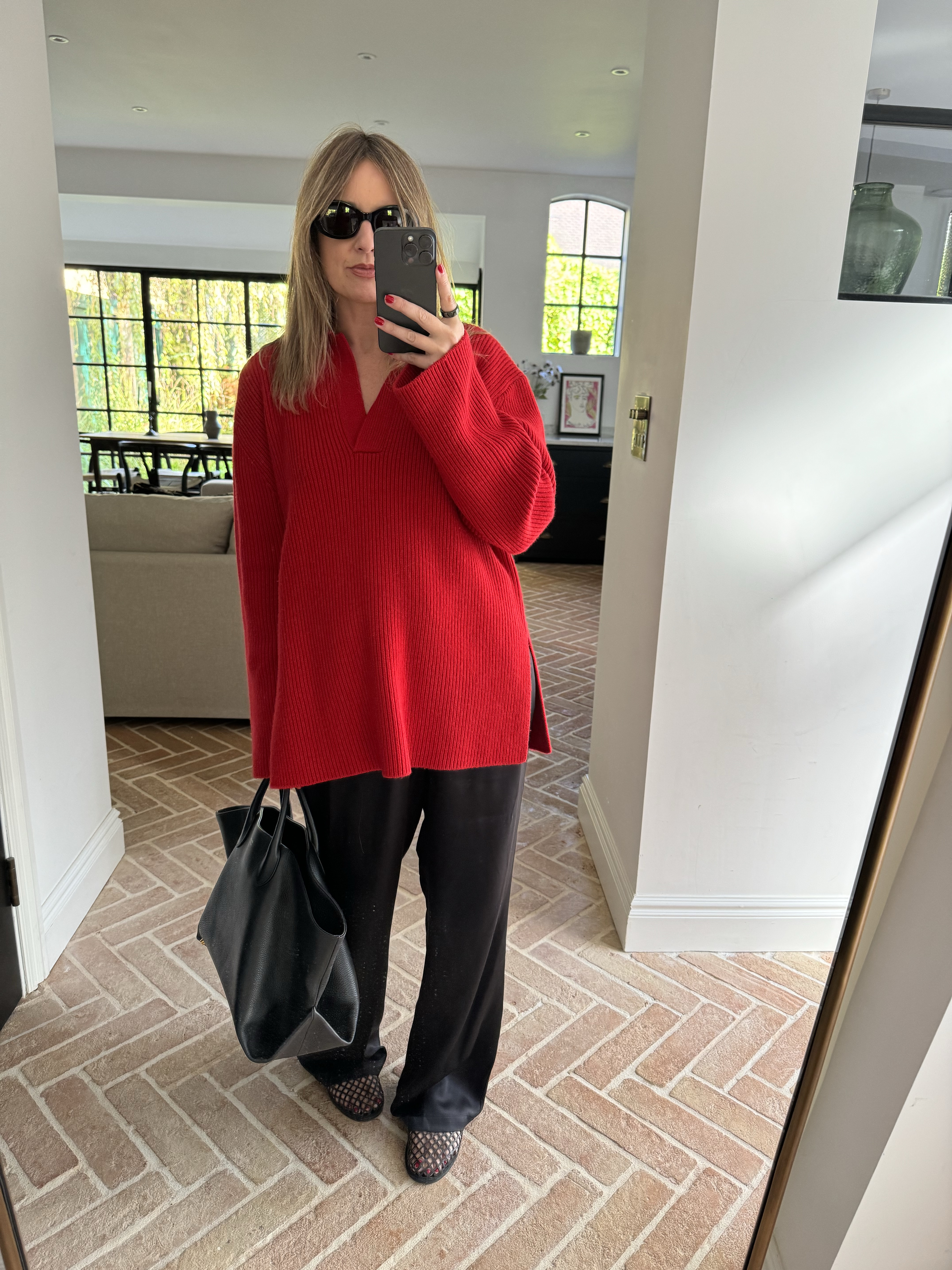 Silk Trousers + Red Knit Jumper + Cut-Out Shoes + Tote Bag 

#LTKuk #LTKautumn #LTKstyletip