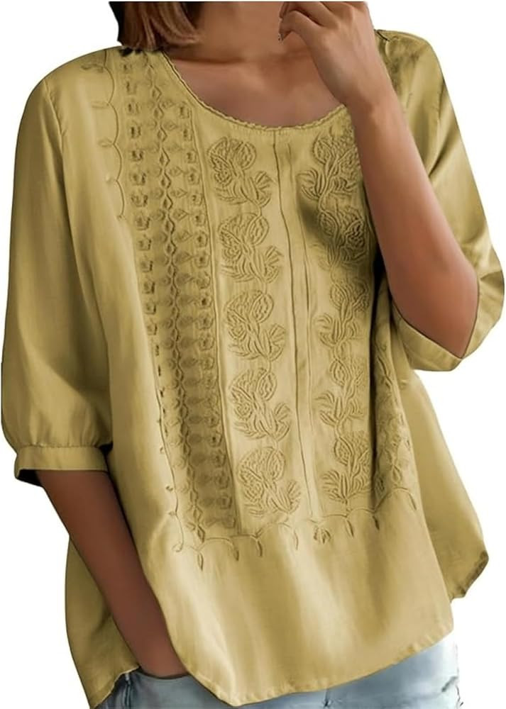 Cotton Linen Shirts for Women Trendy Retro Embroidered 3/4 Sleeve Boho Blouse Dressy Casual Bohem... | Amazon (US)
