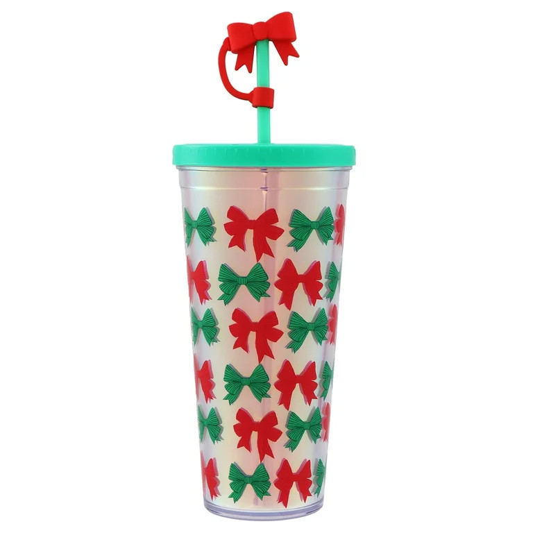 Plastic Double-Walled Christmas Bow Tumbler with Straw and Lid, Green and Red, 25 fl oz, by Holid... | Walmart (US)