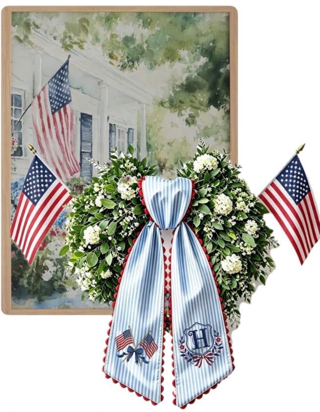 Add some American pride to your home with these festive flags and wreaths. Perfect for any holiday decor! #PatrioticDecor #HolidayStyle