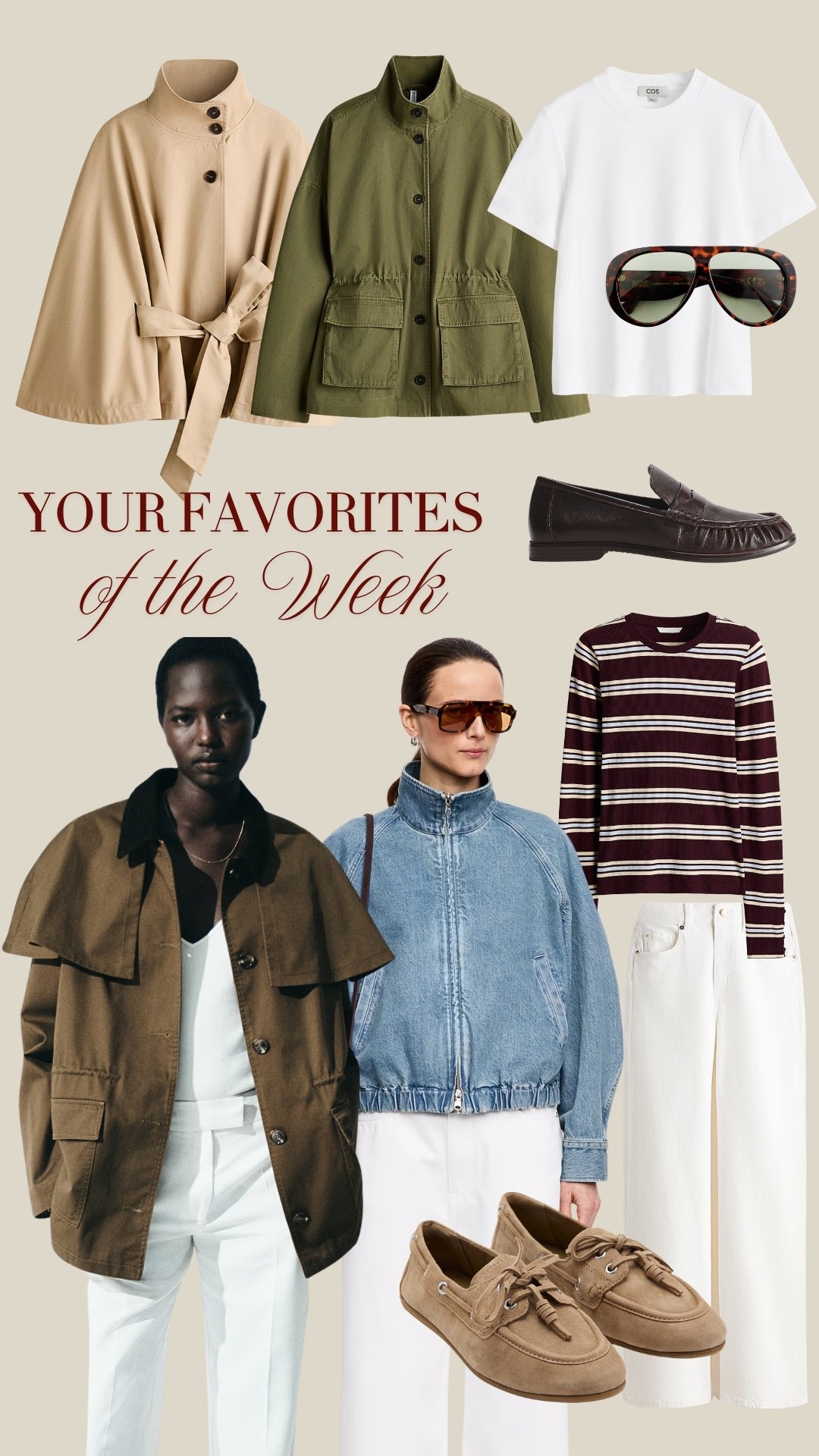 BESTSELLERS OF THE WEEK ✨ Your most loved pieces of the week ✨ TAGS: beige cape, khaki jacket, khaki cape jacket, denim funnel neck jacket, denim bomber jacket, white wide leg jeans, white cropped jeans, brown leather loafers, suede leather beige loafers, brown sunglasses, white crewneck t-shirt, striped burgundy long sleeve top

#LTKshoes #LTKspring #LTKsale