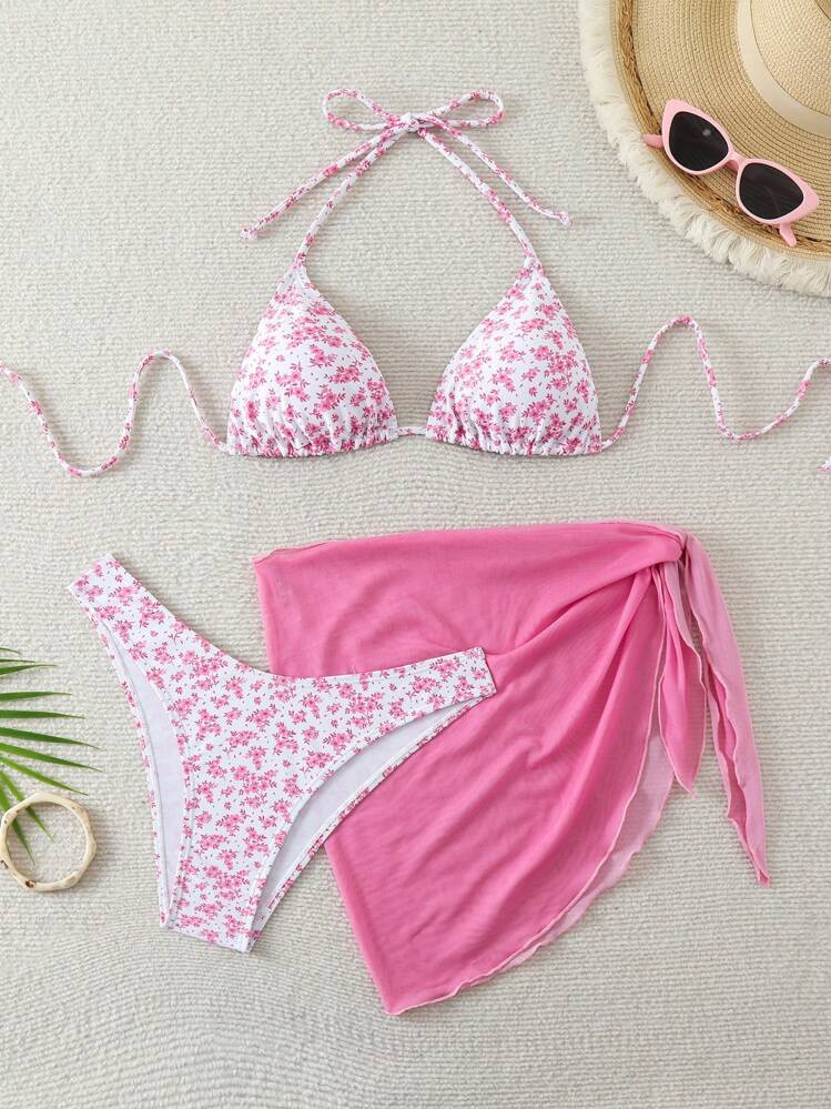 Swim Mod Women 3pcs/Set Halter Backless Crop Top, Ditsy Floral Sarong Skirt, Tie-Side Bikini Summer | SHEIN