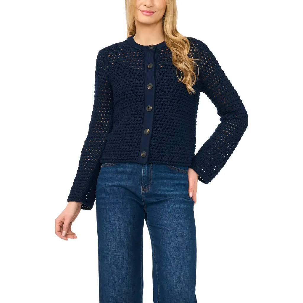 halogen(r) Open Stitch Button Front Cardigan in Classic Navy at Nordstrom, Size X-Small | Nordstrom