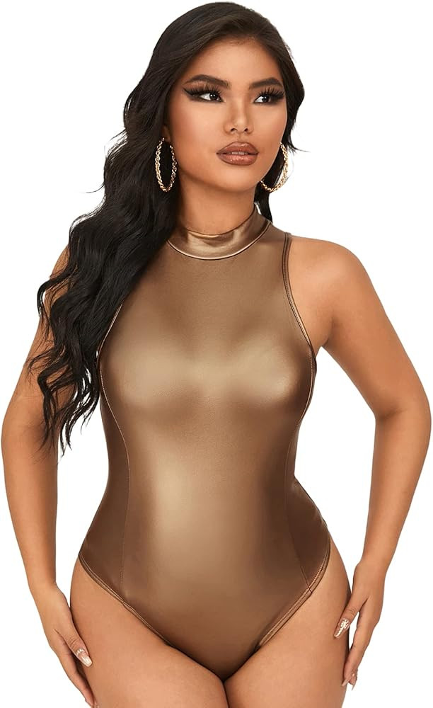 MakeMeChic Women's Faux PU Leather Sleeveless Mock Neck Bodysuit Tank Top | Amazon (US)