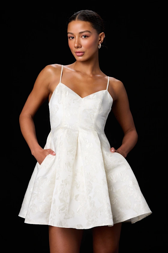 Suzie Ivory Floral Jacquard Skater Mini Dress | Party White Dress Party | White Dresses | Lulus